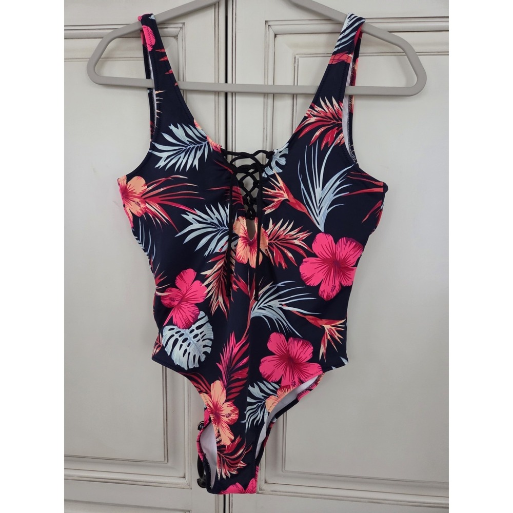 Victoria's Secret Pink One Piece Swimsuit Lace Up Floral Tropical Mesium Classic